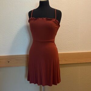 Volcom Rust Spaghetti-Strap Ruffle Neck Dress